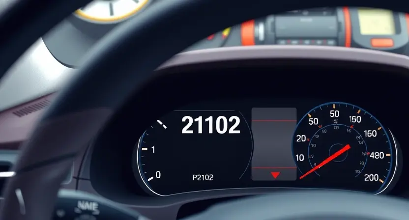 A close-up, detailed illustration of a car's dashboard displaying a P2102 error code warning. The dashboard should be clean and modern, with a focus on the error message. Include subtle visual cues suggesting diagnostic tools and testing equipment in the blurred background, implying troubleshooting. The overall tone should be informative and technical.