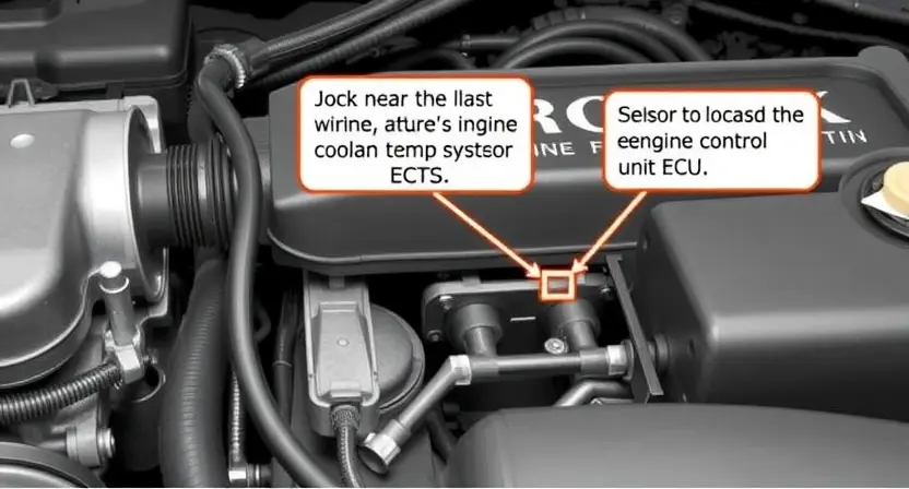 A detailed diagram of a car engine's ignition system, highlighting the Engine Coolant Temperature Sensor (ECTS) and its connection to the Engine Control Unit (ECU). Show the wiring harness and the sensor's physical location near the engine block. Focus on the electrical connection and the sensor itself.