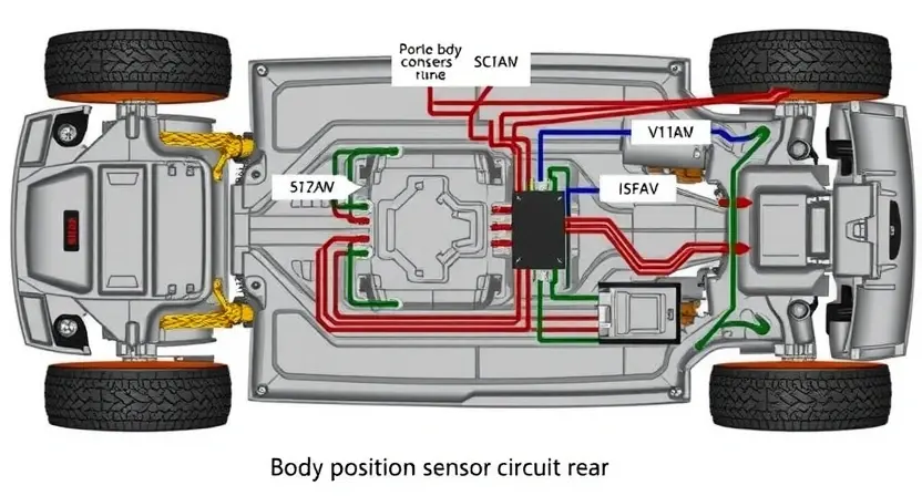 A detailed diagram illustrating the vehicle's body position sensor circuit (rear). The diagram should clearly show the sensor itself, wiring connections, and the relevant components on the vehicle's chassis. Use color-coding to differentiate wiring and components. Focus on clarity and technical accuracy, depicting a clean, well-organized automotive system. The image should represent a diagnostic scenario, highlighting the sensor's location and its connection to the vehicle's electrical system.
