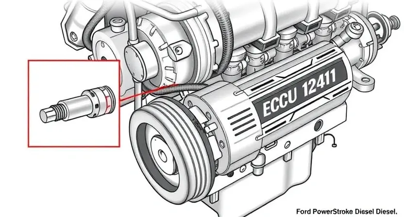 A detailed illustration of a Ford PowerStroke diesel engine's fuel injection system, highlighting the components related to the P1211 error. Focus on the fuel pressure sensor and its connection to the engine control unit (ECU). Include visual cues indicating a potential fuel pressure issue, such as a slightly dimmed or stressed appearance of the sensor. The background should be a clean, technical environment.