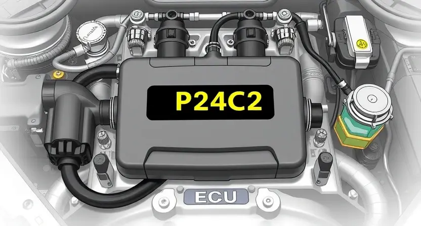 A detailed illustration of an automotive engine control unit (ECU) with various sensors and wiring, highlighting the P24C2 error code. The ECU should be rendered with a realistic, technical style, showcasing intricate details.