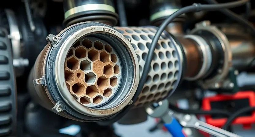 A close-up, detailed image of a diesel engine's exhaust system, specifically focusing on the DPF (Diesel Particulate Filter). The DPF should be partially disassembled, revealing its internal structure of ceramic honeycomb filters. Tools like wrenches and diagnostic equipment are subtly placed around the DPF, suggesting maintenance or repair. The background should be a clean, well-lit workshop environment. Focus on the technical aspects of the DPF and its components.