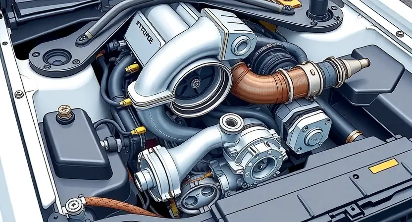 A detailed illustration of a car engine bay, focusing on the turbocharger system. Show the turbocharger, intake and exhaust manifolds, and associated hoses and wiring. The engine should be partially visible in the background. The image should be well-lit and show close-up details of the components.