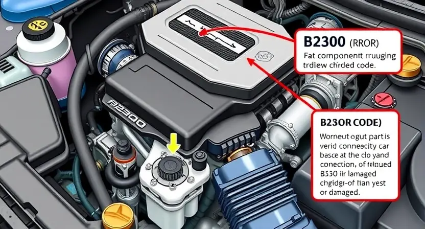A detailed illustration of a car engine with a highlighted B2300 error code area, showing the specific components that might be causing the issue. Include visual indicators of common problems such as worn-out parts, loose connections, or damaged sensors. The image should be highly detailed and realistic, focusing on the technical aspects of the engine.