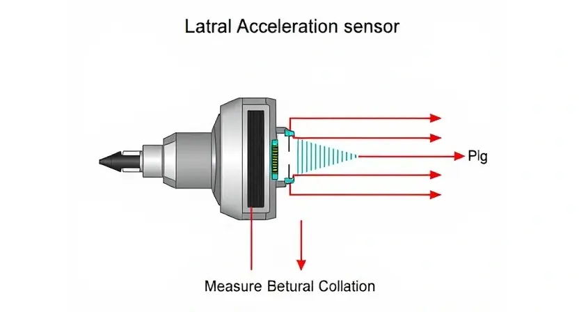 A detailed diagram illustrating the internal workings of a side acceleration sensor. Show the sensor's components (accelerometer, electronics, housing) and how it measures acceleration along the lateral (side) axis. Include arrows indicating the direction of acceleration and the corresponding electrical signals. The background should be clean and uncluttered, focusing on the sensor's structure.