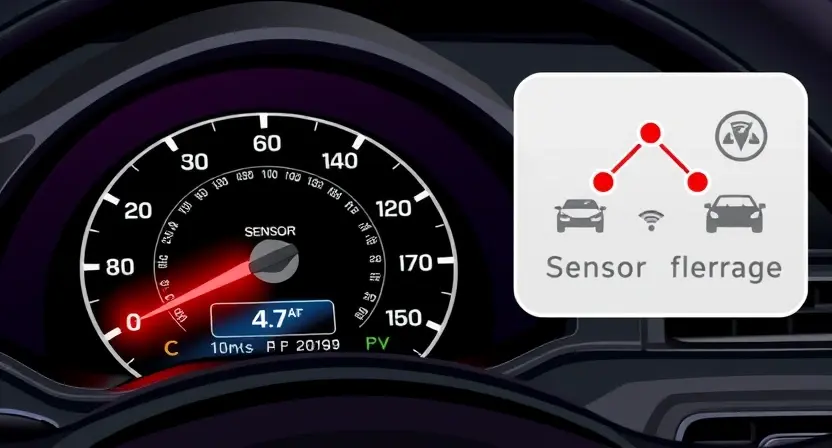 A high-quality technical illustration showing a car dashboard with a warning light indicating a sensor blockage, clean lines, detailed components, no text or numbers on the image, modern automotive diagnostic style
