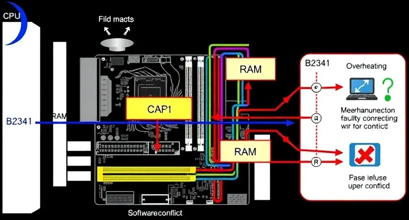 A detailed schematic diagram illustrating the B2341 error code in a computer system. The diagram should show the affected components (CPU, RAM, motherboard) and potential causes (overheating, faulty connection, software conflict). Include visual cues to represent each cause.