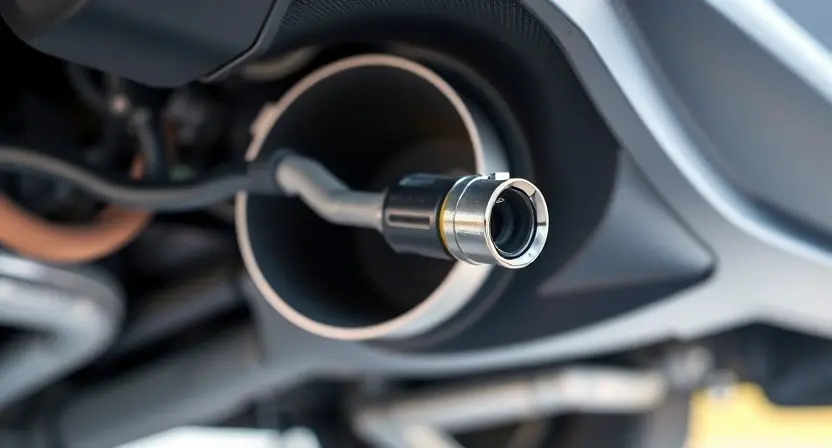 A close-up of a car's exhaust system with a focus on the oxygen sensor. The sensor should be clearly visible, showing its wiring and connection points. The background should be a slightly blurred view of the engine compartment. The overall lighting should be bright and clean, highlighting the details of the sensor.