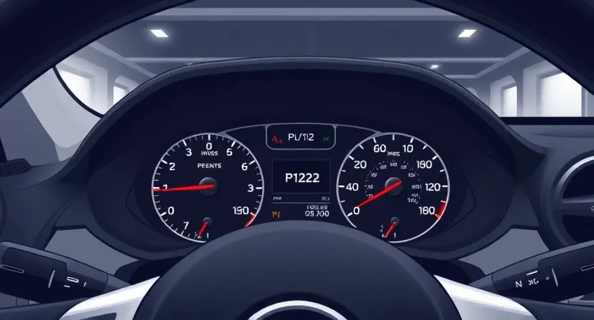 A detailed illustration of a Nissan car dashboard with a highlighted error message 'P1212' displayed on the instrument cluster. The dashboard should be clean and modern, focusing on the error indicator. The car should be parked in a well-lit garage setting.