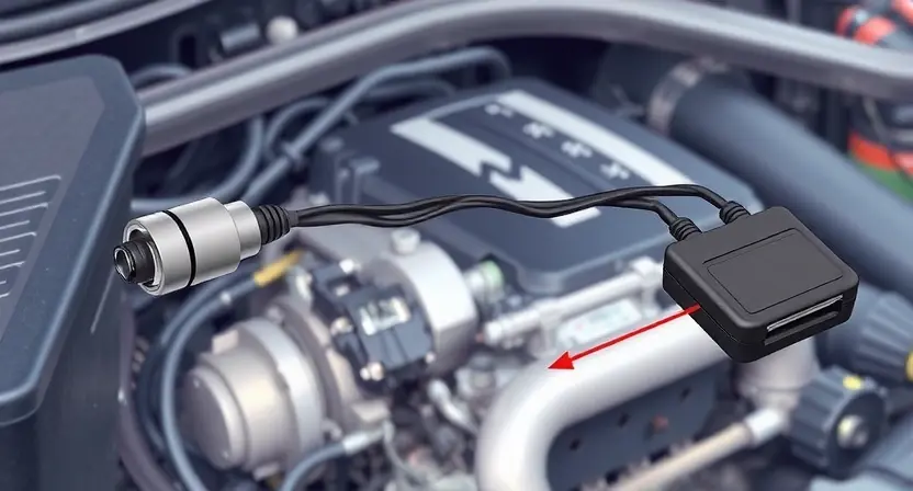 A detailed illustration of a car's throttle position sensor and its wiring harness. The image should clearly show the sensor's physical components and its connection to the engine control unit (ECU). Focus on the sensor's location near the throttle body and the path of the wires leading to the ECU. The background should be a slightly blurred engine bay environment.