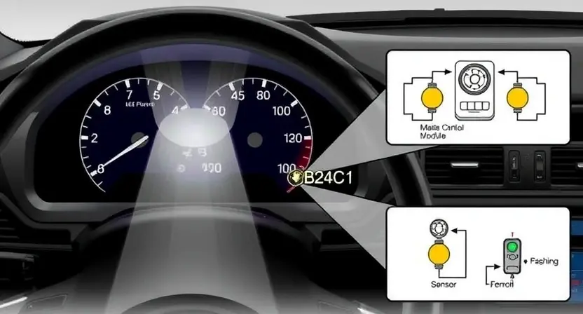 A detailed illustration of a car's adaptive lighting system, focusing on the B24C1 error code indicator. The image should show the dashboard with the error message clearly visible, along with diagrams of the lighting control module and related sensors. The overall aesthetic should be technical and informative, suitable for a repair manual or online tutorial.