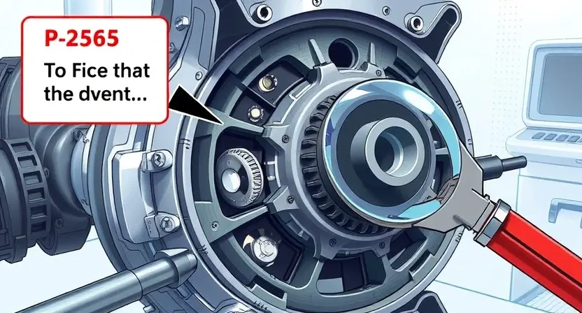 A detailed illustration of a mechanical component exhibiting a P2565 error. The component should be partially disassembled, revealing internal mechanisms. Focus on visual cues indicating wear and tear, such as scratches, dents, and discoloration. Include diagnostic tools like a multimeter and a magnifying glass to highlight the problem. The background should be a clean, technical laboratory setting.