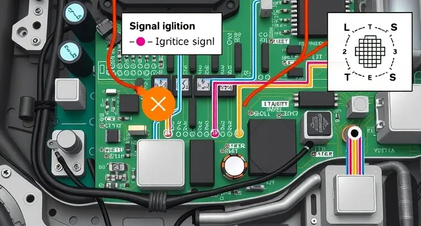 A detailed illustration of an automotive electrical circuit board, specifically highlighting the ignition signal input circuit. Focus on the components involved in signal reception and processing, with visual cues indicating a potential fault. Include schematic symbols for relevant components like sensors, relays, and wiring. The image should be realistic and technical, suitable for a repair manual or diagnostic guide.