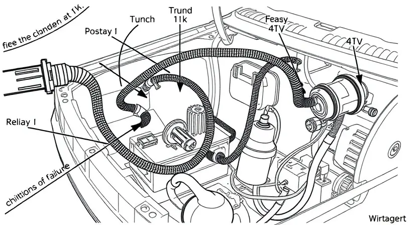 A detailed illustration of a car's fuel pump relay control circuit. Focus on the wiring, relay, and any potential points of failure. The image should clearly show the connections and components involved in the fuel pump activation process. Use a technical drawing style with clear labels for each part.