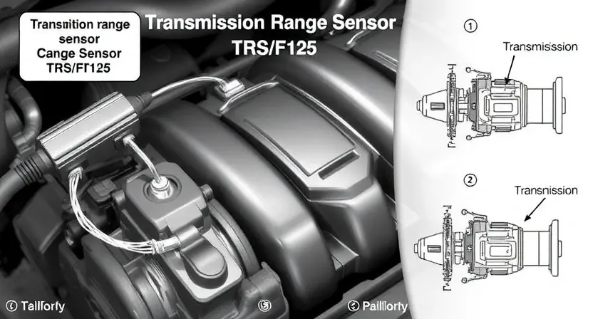 A detailed illustration of a car's transmission range sensor (TRS/F125) with its wiring and connections clearly visible. The sensor should be depicted in a realistic automotive setting, possibly on a vehicle's engine bay. Include diagrams showing the sensor's location and how it interacts with the transmission system.