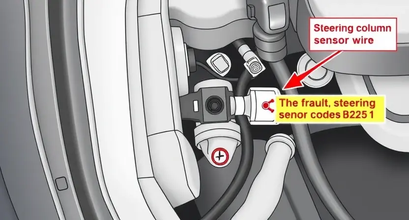 A detailed technical illustration of a vehicle's steering column sensor circuit showing a fault code B2251, with highlighted broken wire and diagnostic tools, clean technical diagram style