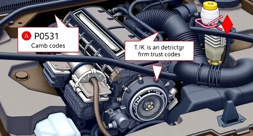 A detailed illustration of a car engine with a diagnostic error code P0531 highlighted. The engine should be realistically rendered, showcasing various components like the crankshaft, camshaft, and sensors. The error code should be clearly displayed on a digital display near the engine.