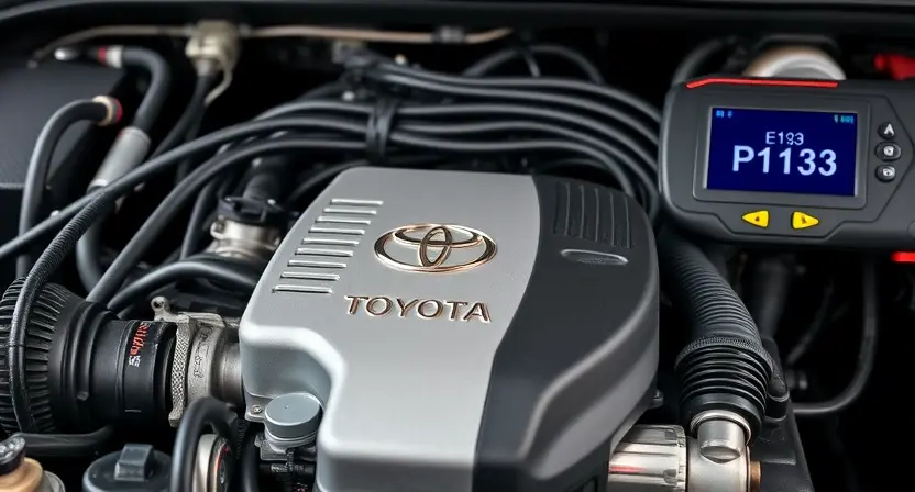 A close-up, detailed shot of a Toyota engine bay. Focus on the engine control unit (ECU) and associated wiring harnesses. The engine should appear clean and well-maintained. Subtle hints of diagnostic tools (like a scan tool displaying a P1133 code, but not legible) can be included in the background. The overall lighting should be bright and professional, highlighting the components.