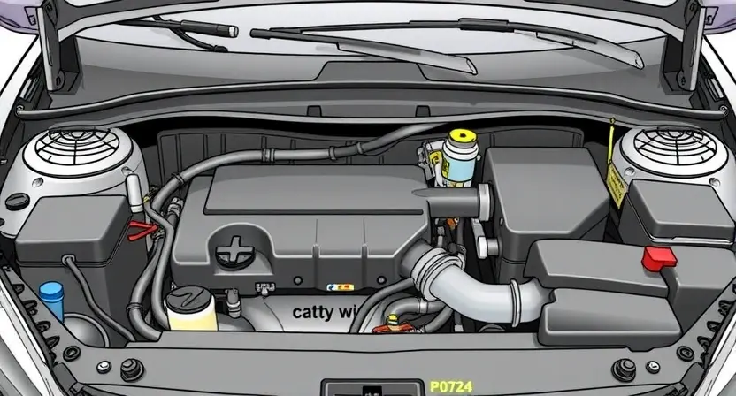 A detailed illustration of a car's engine bay, focusing on the catalytic converter and related components. The image should clearly show the P0724 error code indicator light illuminated on the dashboard. The overall aesthetic should be technical and informative, suitable for a repair manual or online tutorial.