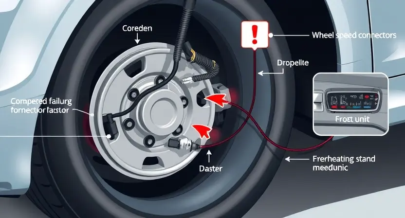 A detailed illustration of a car's front left wheel area focusing on the wheel speed sensor and its circuit. Show the sensor attached to the wheel hub, the wiring harness leading to the control unit, and visual cues for common failure factors such as corroded connectors, frayed or broken wires, water droplets, dust accumulation, and overheating signs. Include subtle warning symbols like a red exclamation mark near the sensor, but no textual labels. The scene should be realistic, with clear empha