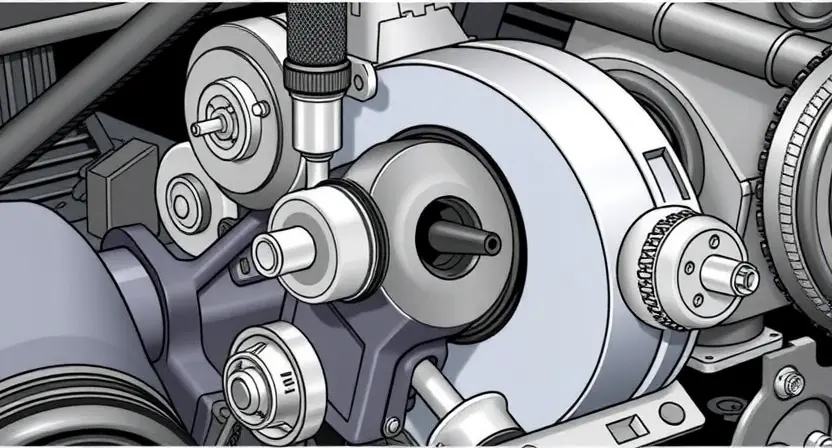 A close-up, detailed illustration of an engine bay with a focus on the crankshaft position sensor. The sensor should be clearly visible, along with surrounding engine components like belts, pulleys, and wiring. Use bright, clean lighting to highlight the sensor's details. The overall composition should be informative and technical, suitable for a repair manual.