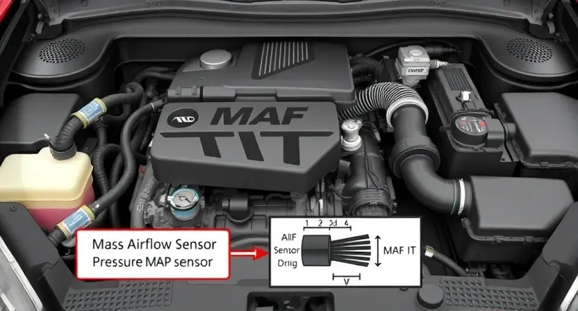 A detailed illustration of a car's engine bay, highlighting the Mass Airflow Sensor (MAF) and Manifold Absolute Pressure (MAP) sensor. The MAF sensor should be clearly labeled, showing its position in the intake system. The MAP sensor should be shown connected to the intake manifold, with arrows indicating the direction of airflow. Include a simplified diagram showing how the sensors measure airflow and pressure, respectively, and how this data is sent to the engine control unit (ECU). Focus on