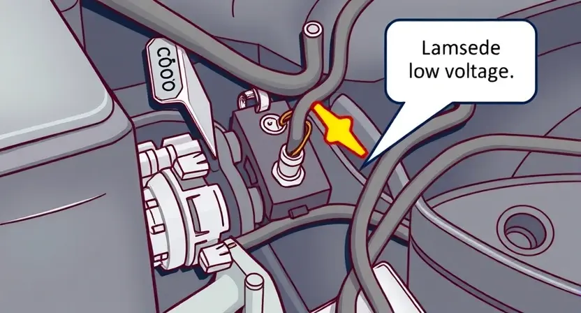 A close-up, detailed illustration of an automotive engine bay. Focus on the throttle position sensor and its wiring harness. Highlight the voltage regulator and battery connection. Use visual cues to indicate low voltage, such as a slightly dimmed or flickering light on the sensor or a subtle visual representation of a voltage drop. The overall aesthetic should be clean and informative, suitable for a technical guide.