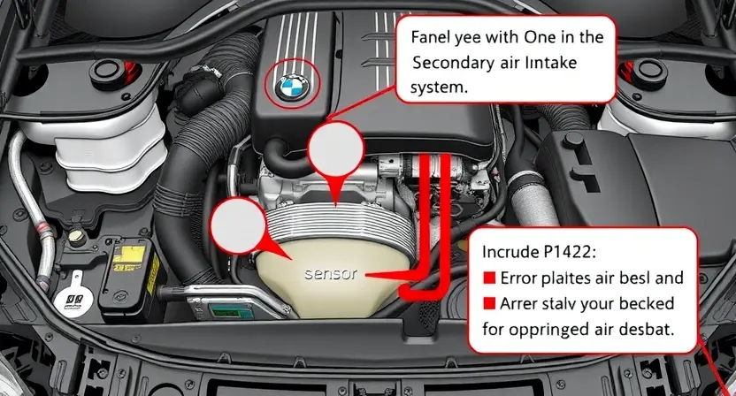 A detailed illustration of a BMW engine bay, focusing on the area related to the secondary air intake system. Include visual representations of sensors, hoses, and components associated with the P1422 error code. The image should be highly detailed and realistic, showcasing the complexity of the system.