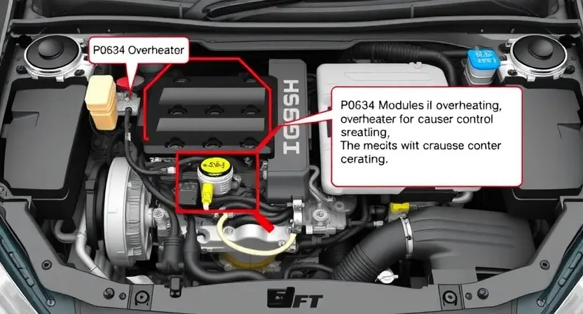 A detailed illustration of a car engine bay with various components visible, highlighting the control modules. Focus on the sensors and wiring related to the P0634 error code. The image should be clean and informative, showcasing the potential causes of overheating.