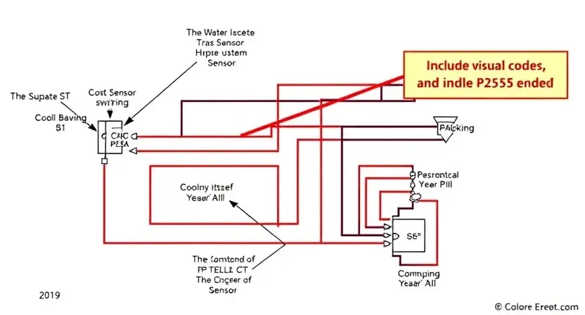 A detailed schematic diagram of a car's cooling system sensor circuit, highlighting the sensor itself, wiring, and potential points of failure. Include visual cues indicating a P2556 error code.