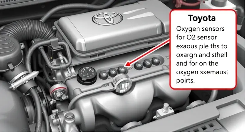 A detailed illustration of a Toyota vehicle's engine bay, highlighting the oxygen sensor (O2 sensor) and its location within the exhaust system. The image should clearly show the sensor's wiring and connection points. Focus on the sensor's physical appearance and its integration with the engine components. The background should be slightly blurred to emphasize the sensor.