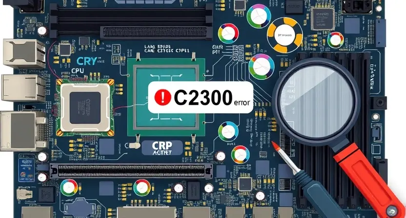 A detailed illustration of a computer motherboard with various components like CPU, RAM, GPU, and capacitors. Highlight the C2200 error code indicator on the motherboard. Show tools like a screwdriver and magnifying glass near the motherboard.