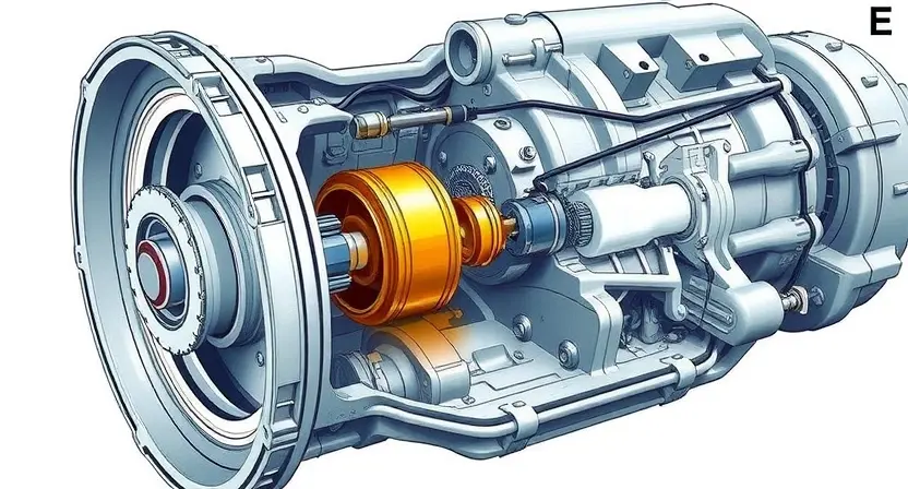 A detailed illustration of a car transmission with a close-up on the friction element E. The transmission should be partially disassembled to reveal the internal components. Focus on the friction element's wear and tear, showing signs of friction and potential damage. Include relevant technical diagrams and labels to indicate the parts and their functions.