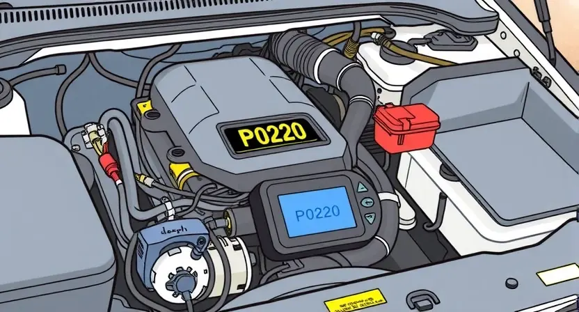 A detailed illustration of a car's engine bay with a diagnostic code reader displaying 'P0220'. Focus on the engine components, wiring, and the code reader. The image should be clean and informative, highlighting the error code.