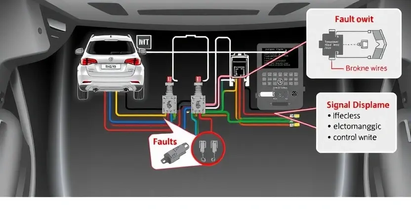 A detailed technical illustration of a car's keyless entry system antenna circuit, showing wiring, connectors, and signal flow from the antenna module to the vehicle's control unit, with highlighted fault points such as broken wires, corroded connectors, or electromagnetic interference sources, rendered in a clean, professional automotive diagnostic style with subtle circuit diagram overlays and muted technical color scheme