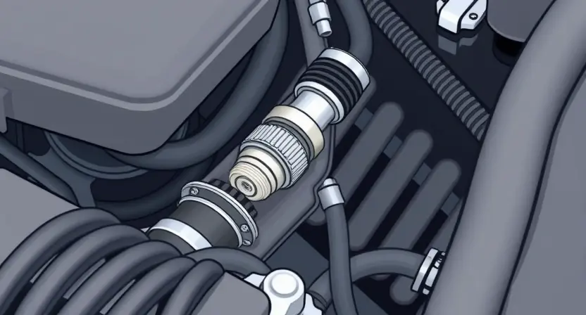 A close-up, detailed illustration of a car's engine bay, focusing on the coolant temperature sensor and surrounding hoses. The sensor should be clearly visible, and the hoses should be depicted with realistic textures and connections. The overall lighting should be bright and clean, highlighting the components.
