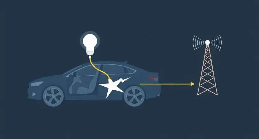 A stylized diagram illustrating a vehicle's communication system with a highlighted point of signal loss. The diagram should show a car with various sensors (e.g., engine, brakes, steering) connected to a central control unit, which in turn is connected to a cellular network tower. A broken or faded line should indicate the disrupted connection between the control unit and the tower. Use clean, simple lines and a muted color palette. Focus on clarity and conveying the concept of a lost connectio