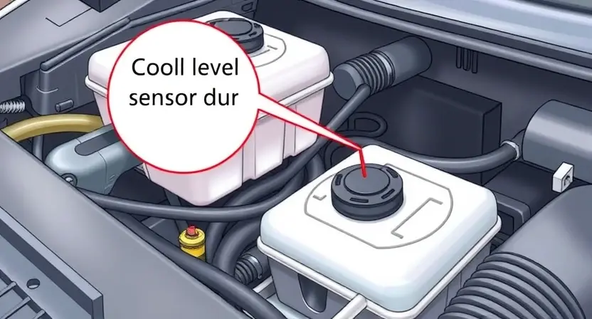 A detailed illustration of a car's engine bay, focusing on the coolant level sensor. The sensor should be clearly visible, with a depiction of the coolant reservoir and hoses. The background should be slightly blurred to emphasize the sensor.