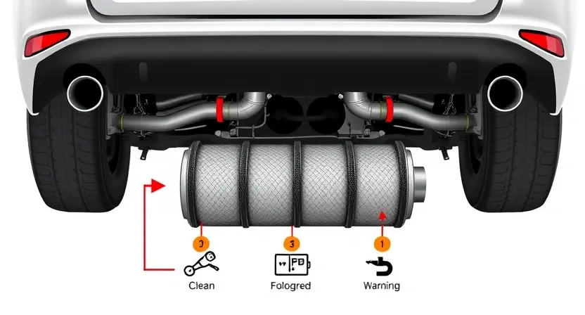 A high-quality technical illustration of a modern diesel vehicle's exhaust system with a focus on the diesel particulate filter (DPF), showing clean and partially clogged filter sections, diagnostic tools, and warning symbols, with clean white background and minimalistic design
