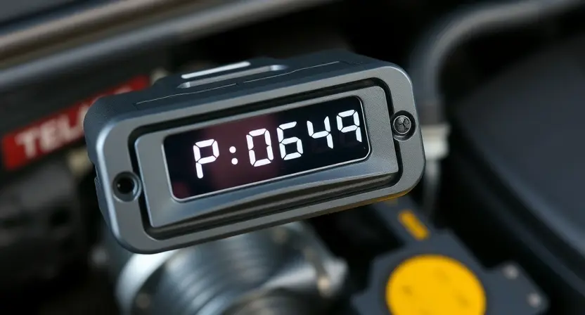 A close-up, detailed image of a car's diagnostic port with a digital display showing "P0648" error code. The background should be a slightly blurred view of the car's engine bay. Focus on the diagnostic port and the error code display.
