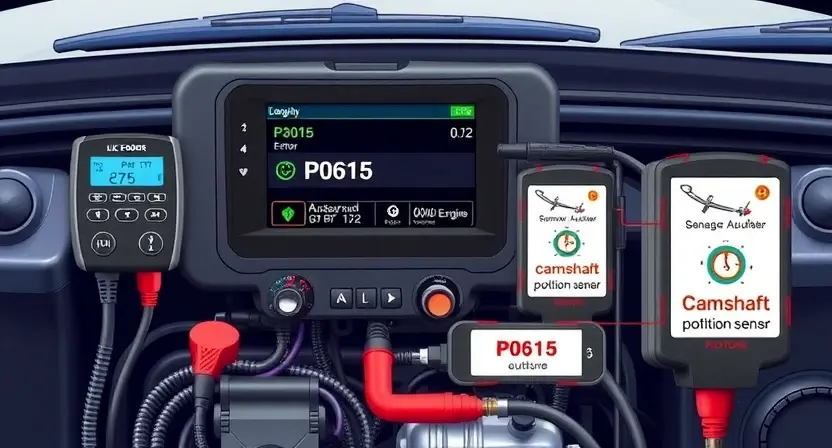 A detailed illustration of a car's engine control unit (ECU) with various diagnostic tools connected to it. Focus on the display showing error codes, specifically P0615. Include visual representations of the relevant sensors and actuators related to the P0615 code (e.g., camshaft position sensor, crankshaft position sensor). The background should be a clean, professional automotive workshop environment.