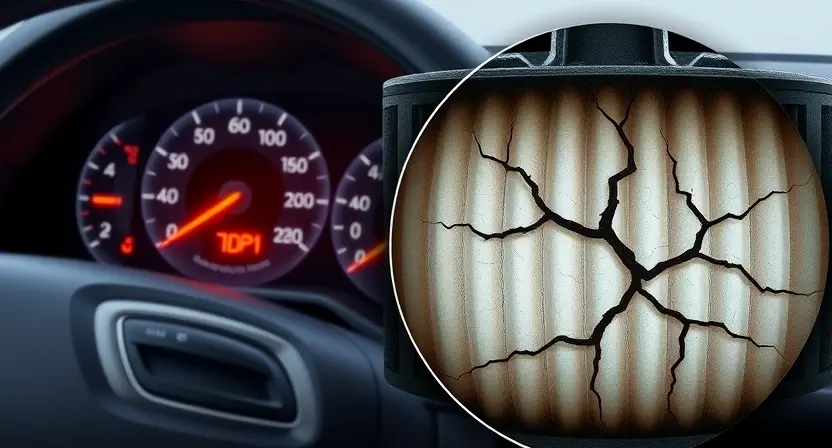 A high-quality technical illustration showing a modern diesel vehicle with a glowing warning light on the dashboard indicating a particulate filter issue, close-up view of a clogged or damaged diesel particulate filter (DPF) with soot buildup and cracks, clean background, professional lighting, technical diagram style, no text or numbers on image
