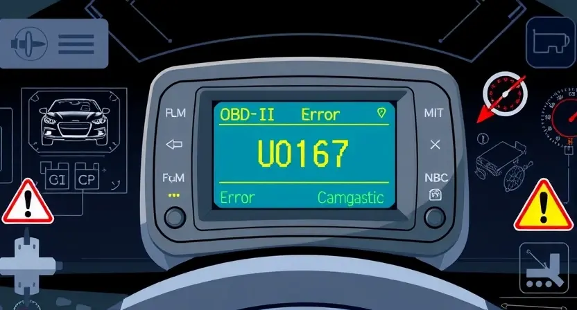 A professional technical illustration showing a car's OBD-II diagnostic scanner displaying error code U0167 on a digital screen, with surrounding automotive workshop elements like wiring diagrams, error symbols, and technical schematics, rendered in a clean, high-detail style suitable for automotive repair documentation