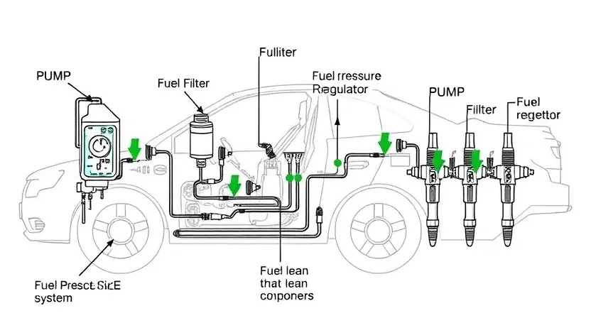 A detailed illustration of a car's fuel pressure system, showing the fuel pump, fuel filter, fuel pressure regulator, fuel lines, and fuel injectors. The system should be clearly labeled with arrows indicating the flow of fuel. Focus on the components related to the P0194 error code (lean condition).