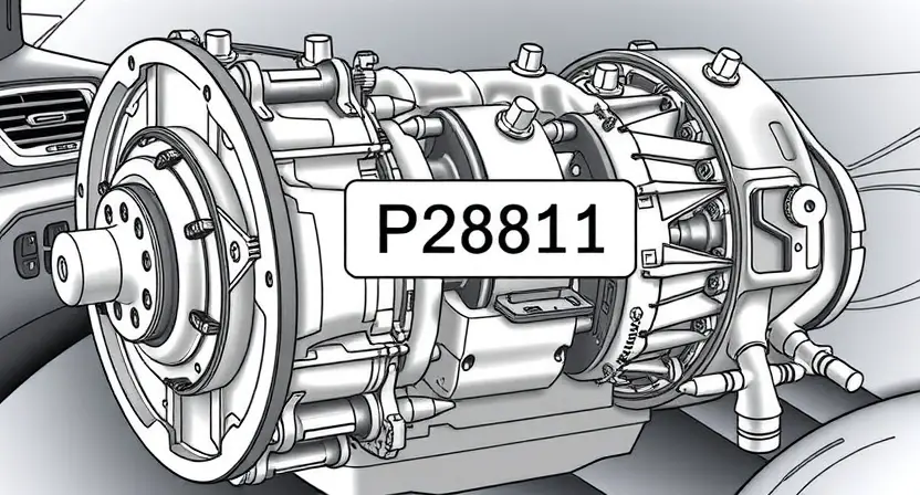 A detailed illustration of a car transmission with a highlighted P2811 error code displayed on a dashboard. The transmission should be complex and realistically rendered, showcasing gears, shafts, and other components. The error code should be clearly visible and easily readable. The background should be a slightly blurred image of a car interior.