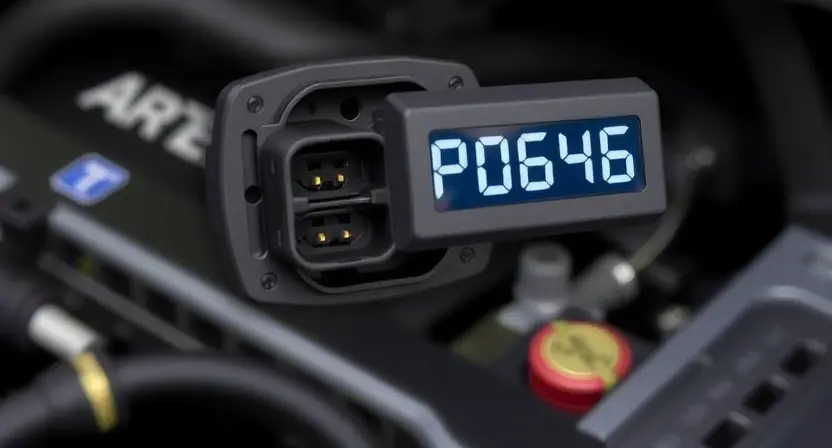 A close-up, detailed image of a car's diagnostic port with a digital display showing "P0646" error code. The background should be a slightly blurred view of the car's engine bay. Focus on the diagnostic port and the error code display.