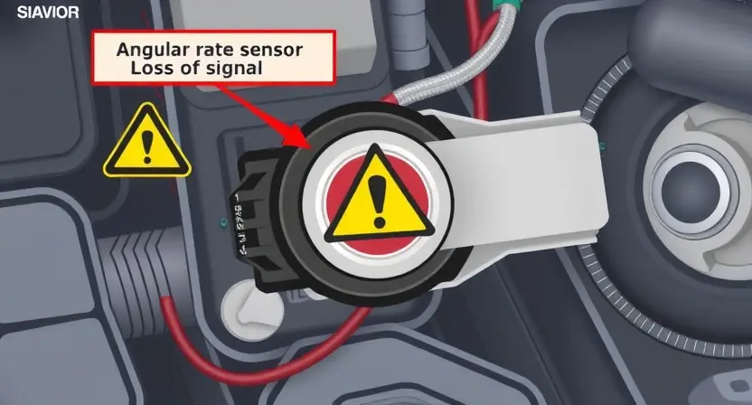 A high-quality technical illustration showing a car's angular rate sensor (gyroscope) with a warning sign indicating loss of signal, surrounded by automotive components like wiring harnesses and control modules, clean technical diagram style, no text or numbers on image