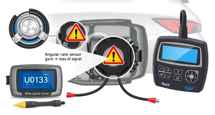 A high-quality technical illustration showing a vehicle's angular rate sensor (gyro) with a warning sign indicating loss of signal, surrounded by diagnostic tools and error code U0123 displayed on a digital screen, clean technical diagram style