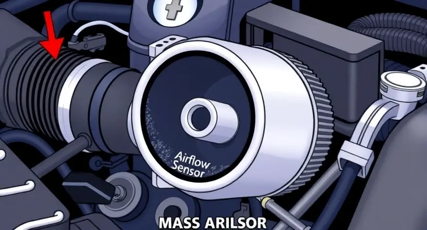A close-up illustration of a car engine bay, focusing on the air intake system and the mass airflow sensor. The sensor should be clearly visible, with a subtle indication of dirt or debris around it. The overall lighting should be bright and clean, highlighting the components.