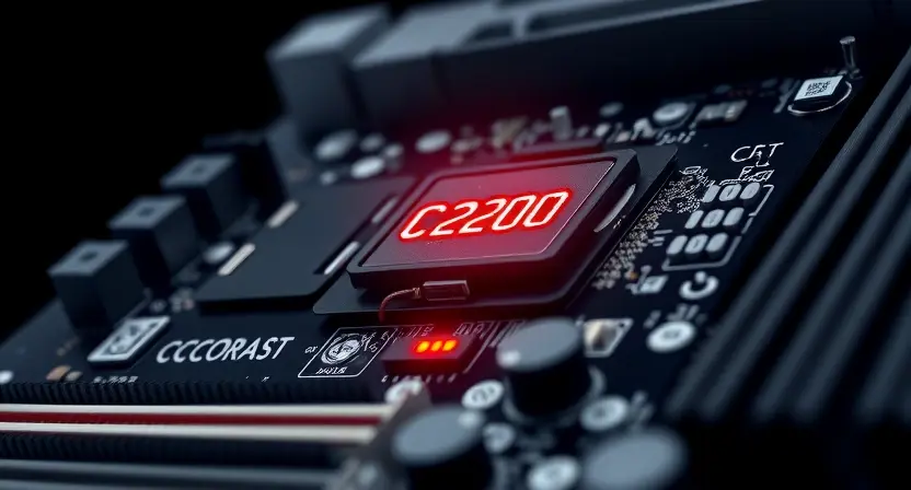 A close-up, detailed illustration of a computer motherboard with various components like CPU, RAM, and chipset. The focus should be on the error code C2200 highlighted on a small LED indicator near the chipset. The background should be dark and slightly blurred to emphasize the motherboard.